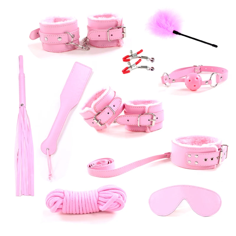 

10 Pcs Set Sex Erotic Toys Adult Game BDSM Bondage Handcuffs Ankle cuffs Collar Nipple Clamps Mouth Gag Whip Rope Sex Toys