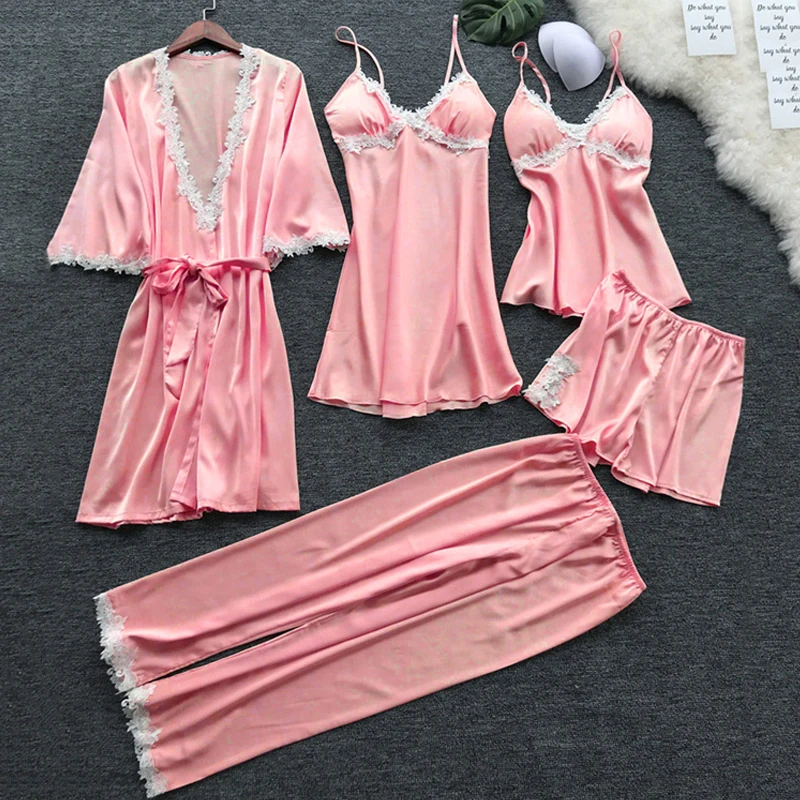 5 шт. женские сексуальные пижамы шелковые Осень Весна элегантное кружевное