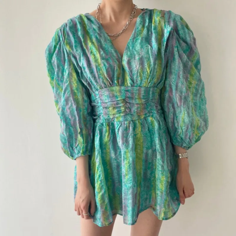 

Korea Chic Summer French Retro V-Neck Tie-Dye Floral Color Waist Slimming Puff Sleeve Chiffon Dress Female