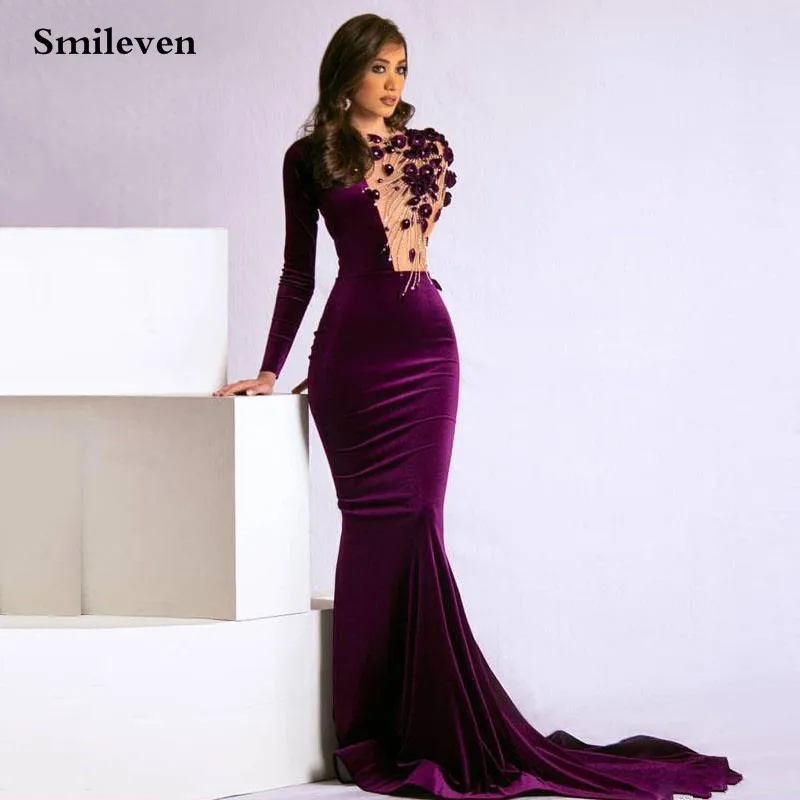 Smileven Caftan фиолетовые Вечерние платья Русалочки бархатные с длинным рукавом 3D