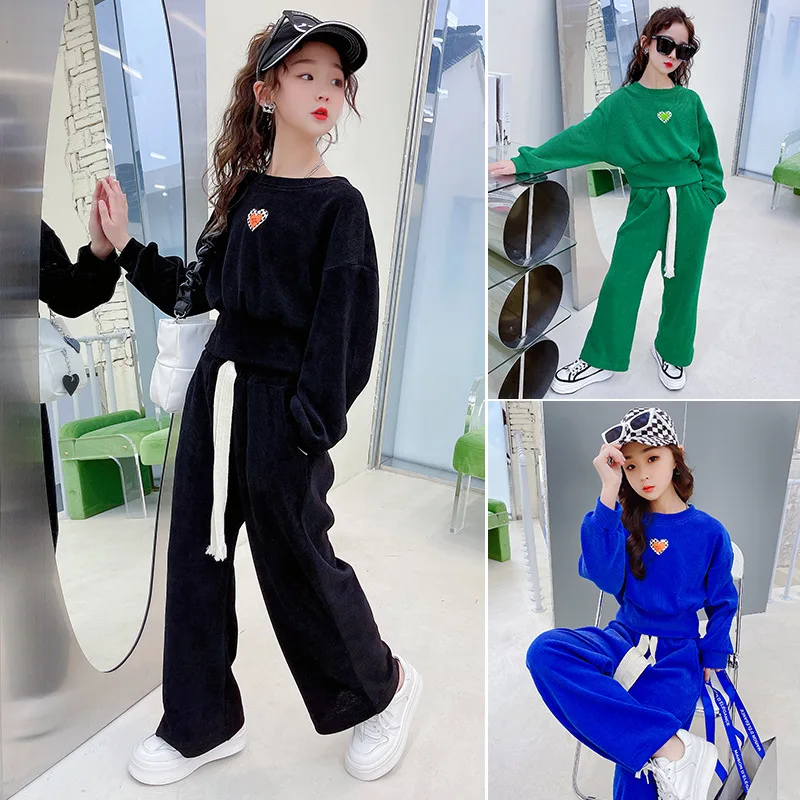 

2022 spring and autumn children's suit 4-14 years old fashion round neck pullover wide leg pants casual sweatshirt suit