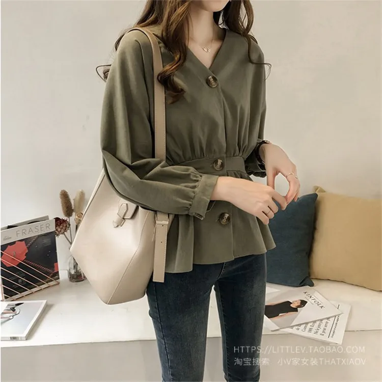 2020 Ранняя весна женская новая темпераментная тонкая рубашка с v образным вырезом