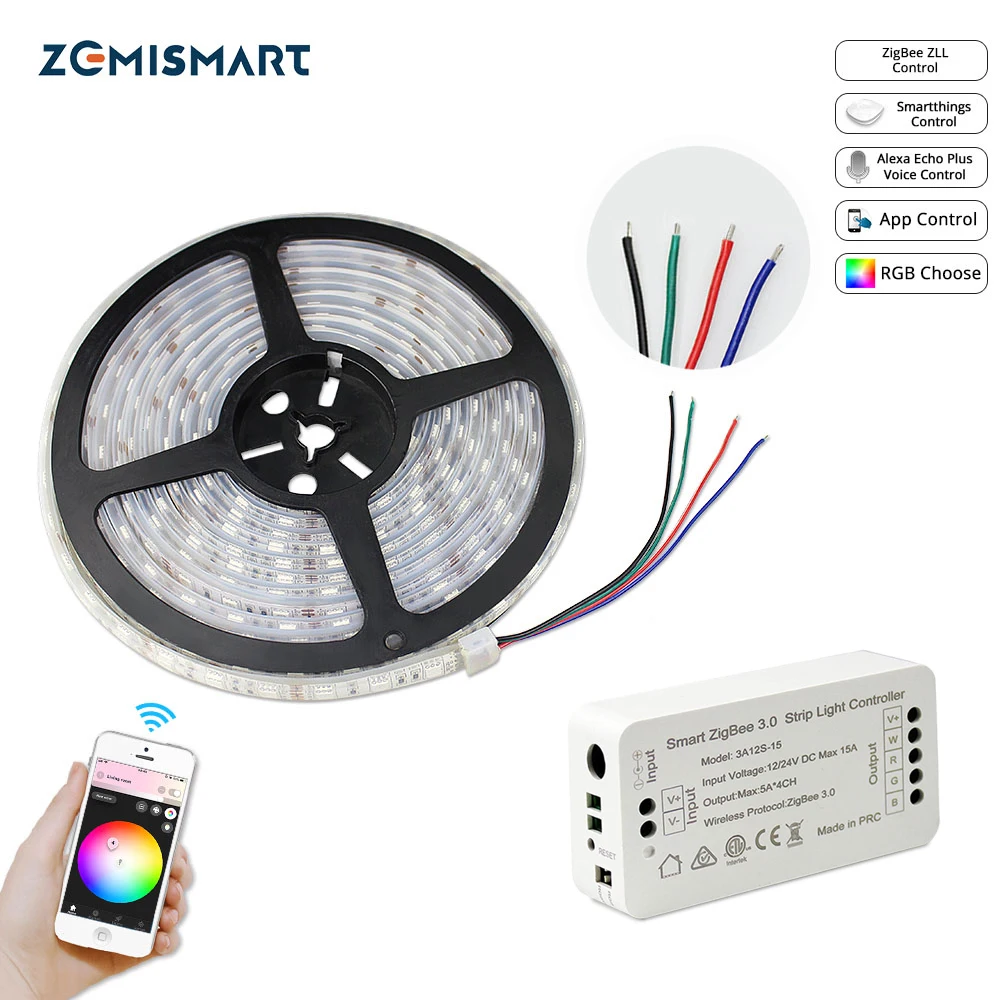 Zemismart – pilote Zigbee ZLL avec bande LED de 5M, RGB, basse tension, commande par Echo Plus, directement Smartthing