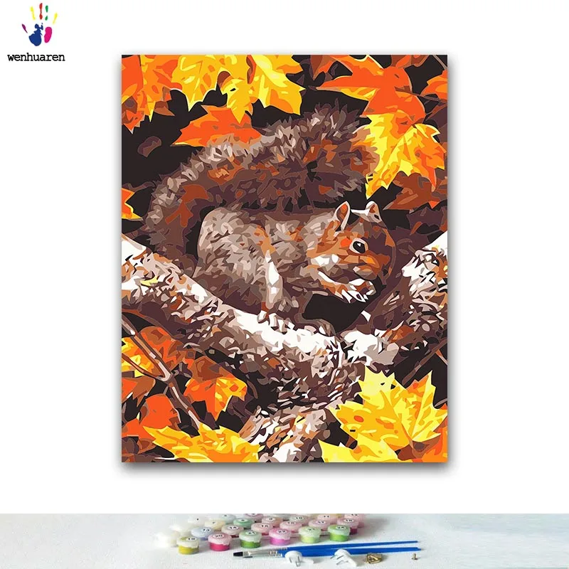 DIY Раскраска по номерам белка поедает сосновые шишки на дереве картины с