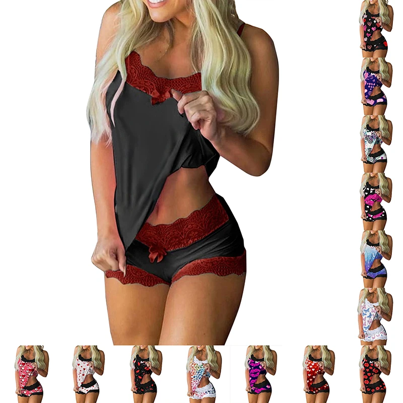 

Spaghetti Strap Lace Pajama Set Sleeveless Trim Bowknot Sleep Shorts Set Lace Pijama Suit Sleepwear Women Sexy Nighties 2022