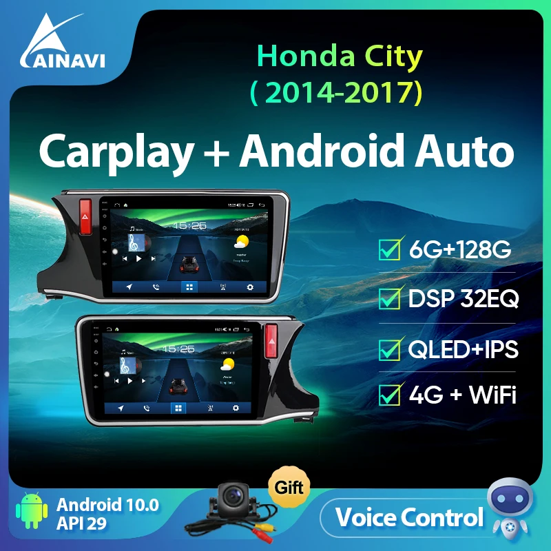 

Ainavi Android 10.0 Car Radio 8 Cores 6+128G QLED For Honda City 2014-2017 Multimedia Player Navigation DSP Carplay No 2din 4G