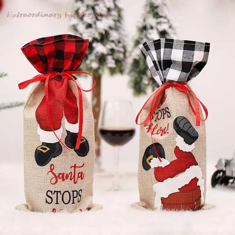 

Рождественские Чехлы для винных бутылок, праздничные Чехлы для бутылок с Санта-Клаусом, шампаном, красная сетка, рождественские украшения д...