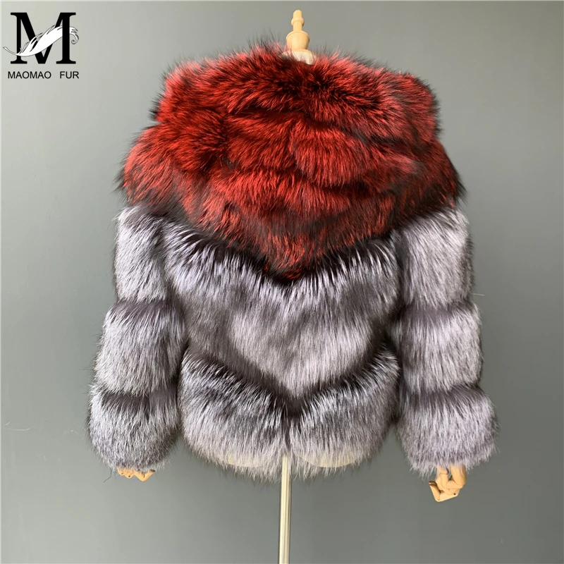 Новая мода натуральный мех пальто для женщин зимние короткие Роскошные лисы женское меховое пальто с капюшоном Серебряная Лисичка Меховая куртка верхняя одежда