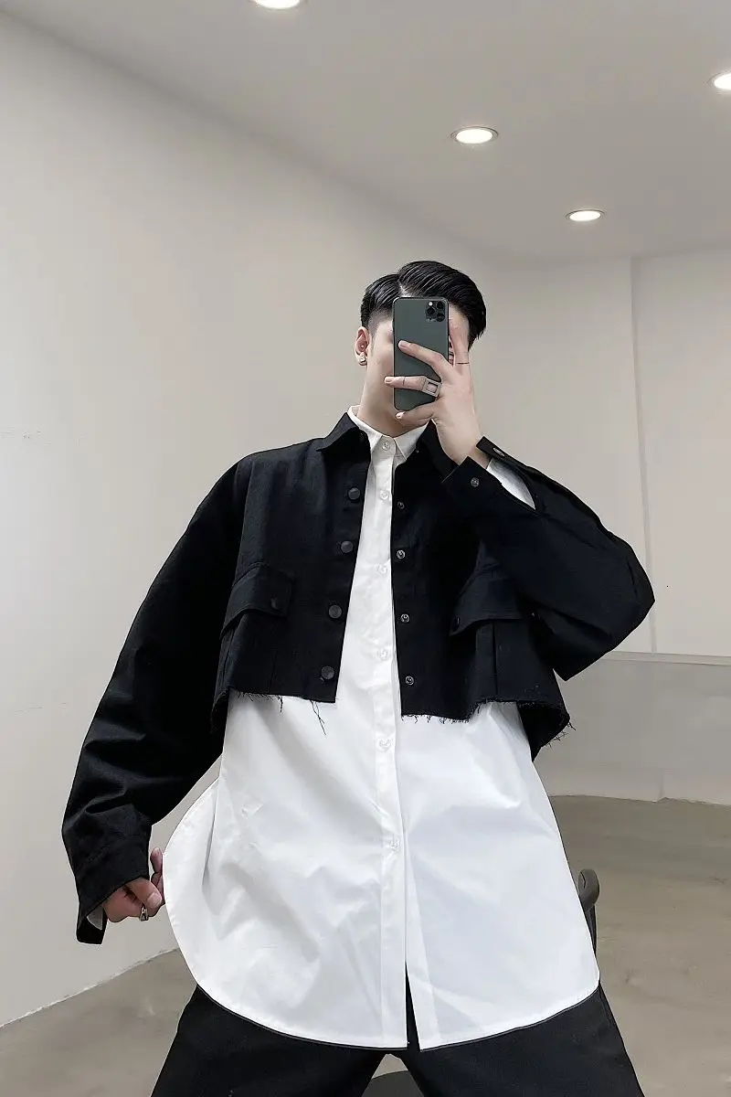 

IEFB /men's wear Early Spring thickness tops personality short style three-dimensional pocket niche long-sleeved shirt 9Y3999