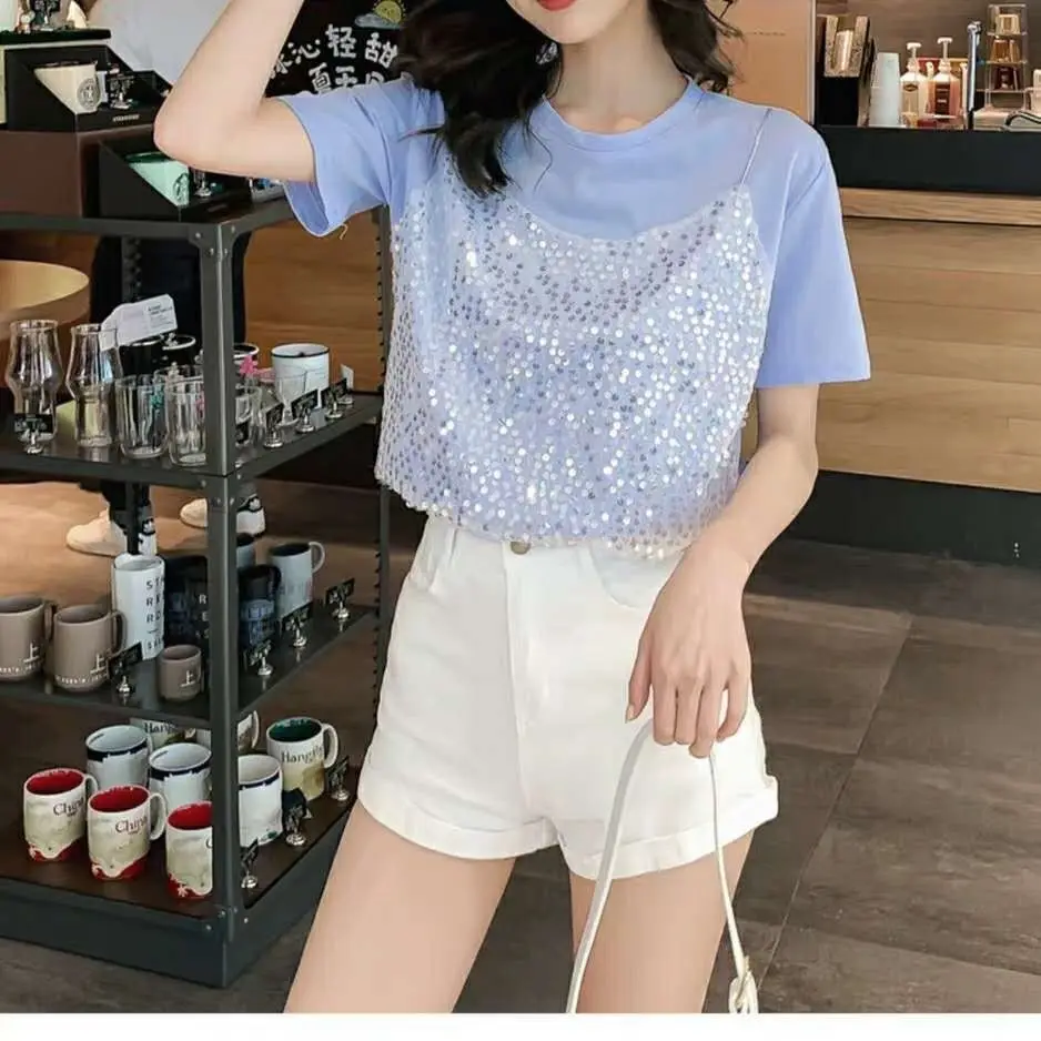 Новинка лета 2020 женская модная футболка с имитацией двух частей блестками и