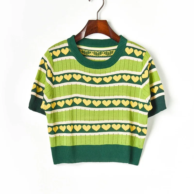 Женский вязаный кроп-топ с коротким рукавом зеленый свитер принтом сердца Модный