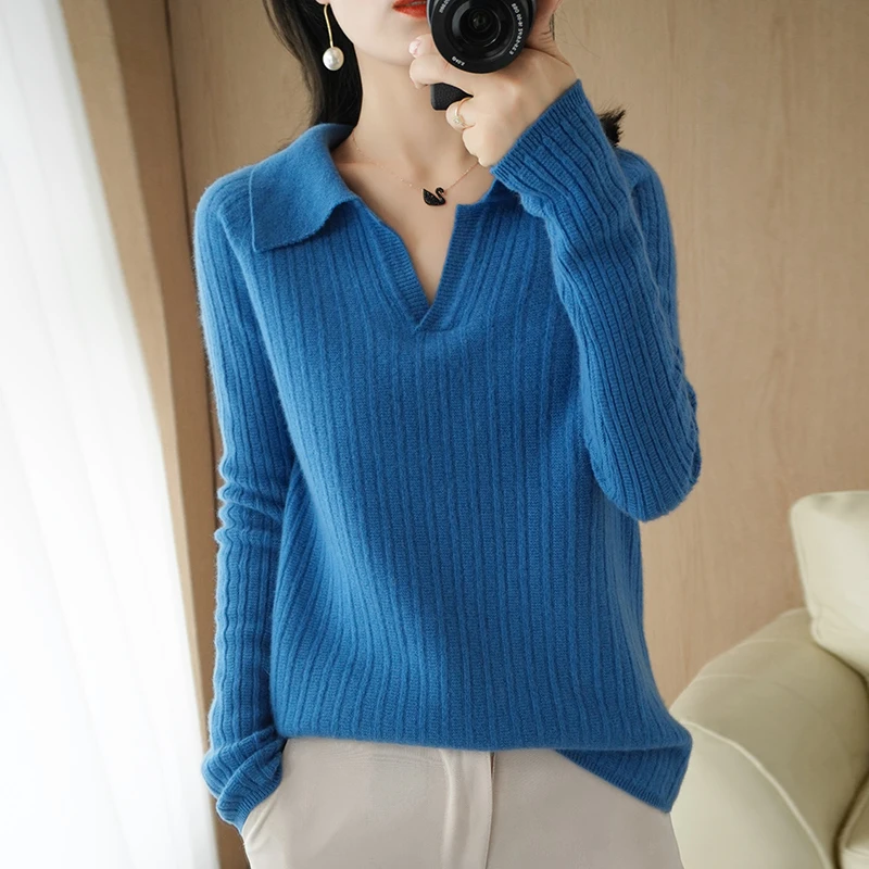 

Pure Wool Cashmere Sweater 2021 Spring and Autumn New Women's POLO Neck Pullover Slim Solid Color Knitted Large Size Top