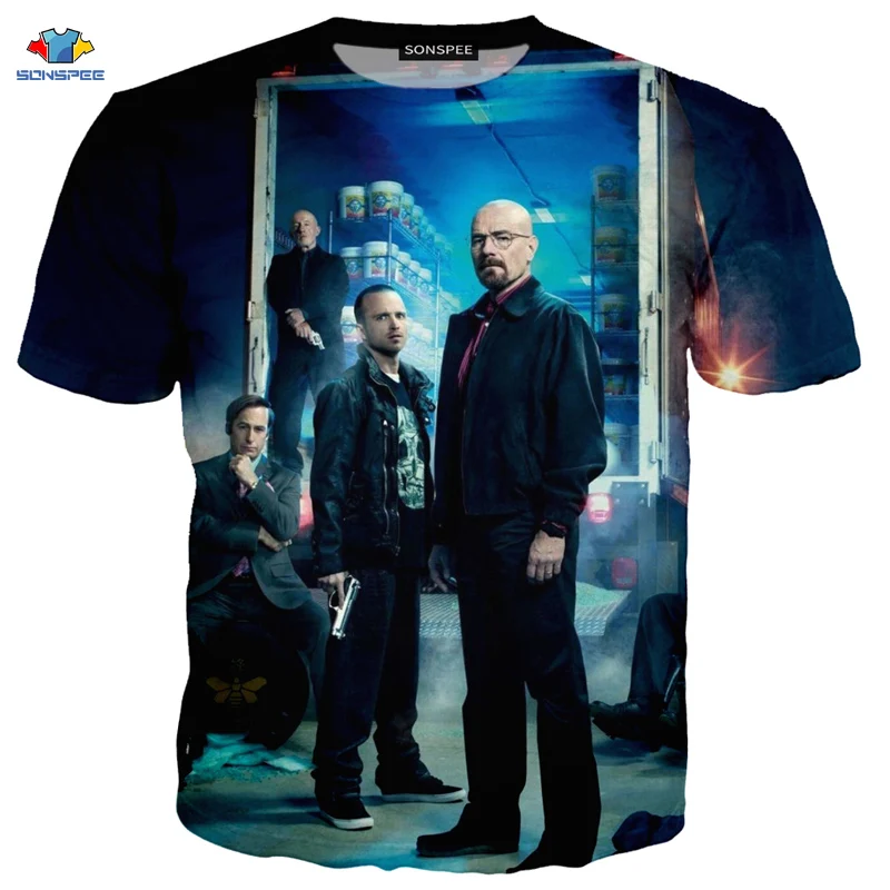 

SONSPEE 3D Summer Hot Thriller TV Show Breaking Bad T-Shirt Fashion Sports Car Men T-Shirt Cool Shootout Smoking Gangster Shirt