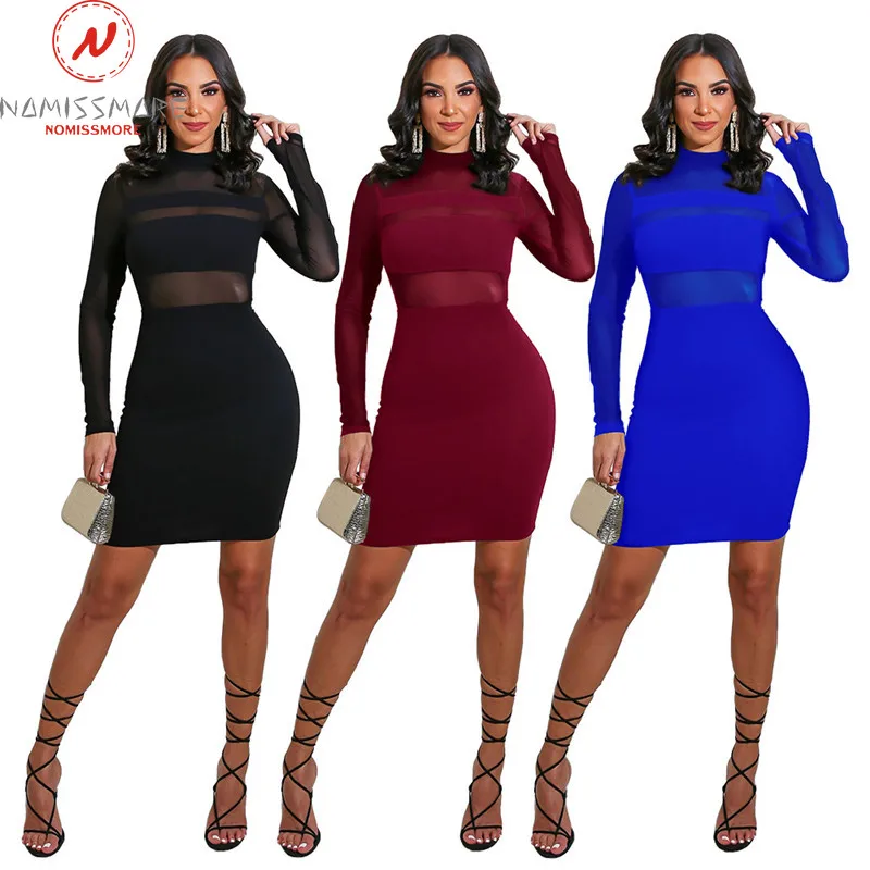 

Sexy Women Solid Color Pencil Dress for Night Club Hollow Out Design Lace Decor See Through O-Neck High Wiast Slim Hips Dress