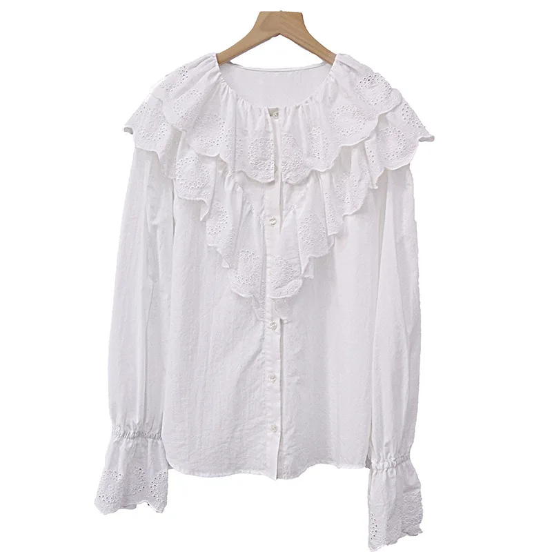 

2021 Women Shirt Autumn New Lace Collar Long Sleeve Loose Thin Sweet White Shirt Women