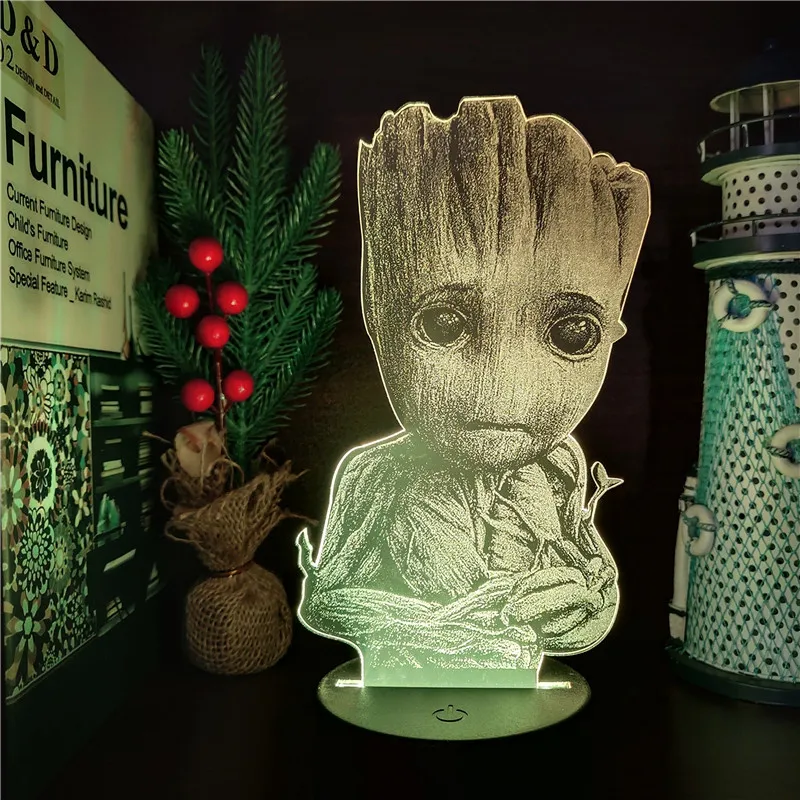 

Marvel Avengers Groot Anime Figure Acrylic 3D Illusion LED Lamp USB Colourful Night Light for Bedroom Decor Kids Birthday Gifts