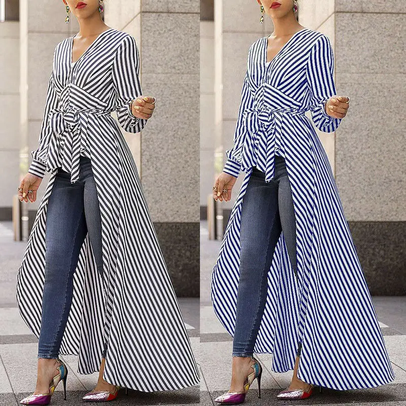 S\M\L\XL Women's Fashion Long Sleeve Irregular V-Neck Shirt Leisure Blouse High Low Tunic stripe Tops Dress | Женская одежда