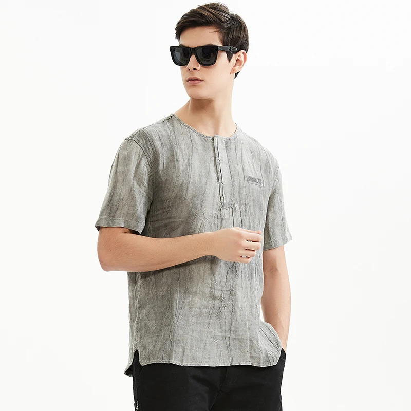 

100% Linen Anti-static Tie-dye Cool Anti UV Fashion Men Short Sleeve T Shirt Summer Male Khaki Vintage Casual O-neck Man T-shirt