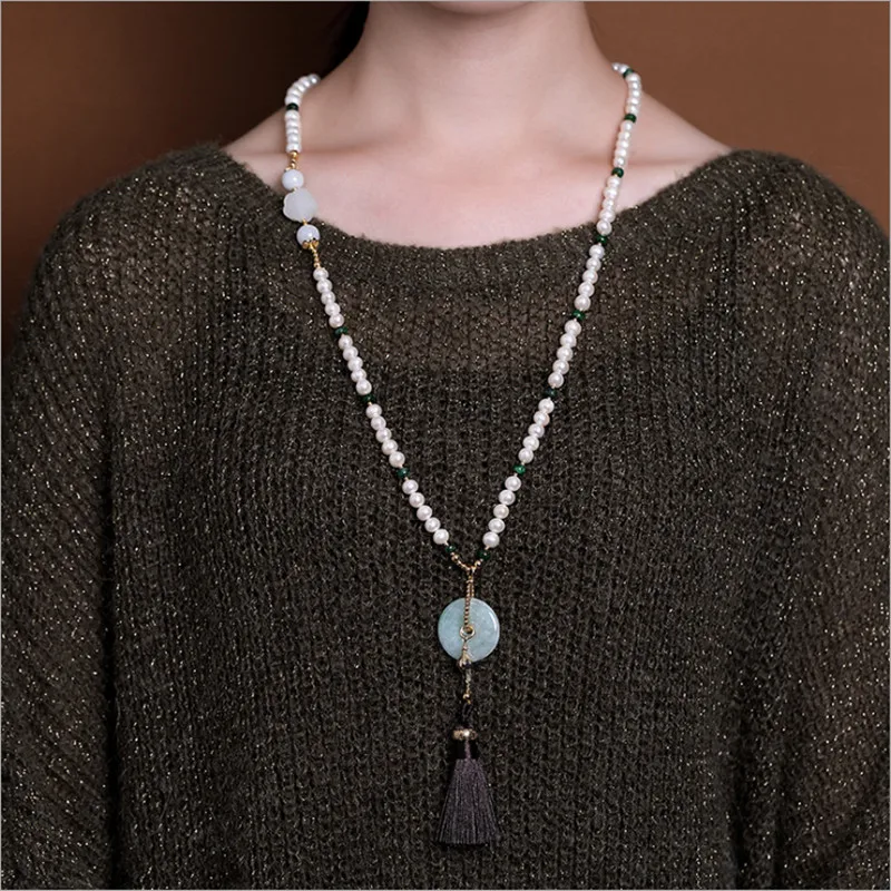 Женские ожерелья с изумрудами из нефрита натуральным жемчугом топ класса люкс