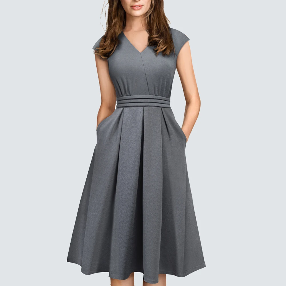 

Spring Elegant Casual Brief Design V-Neck A-Line Vintage Side pocket Modern Dress HA196