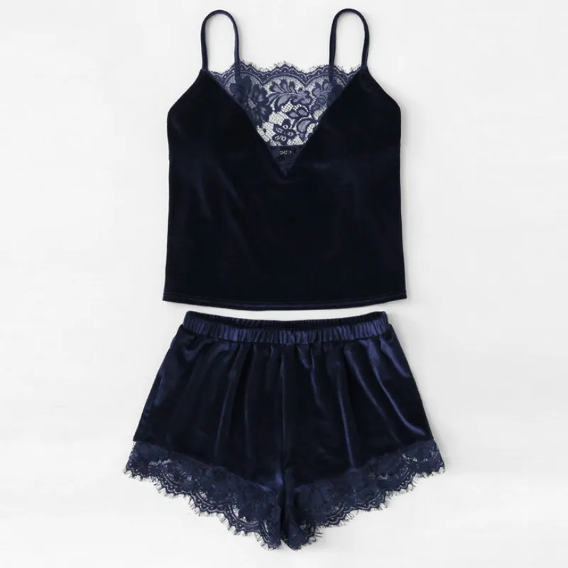 Модная женская Вельветовая пижама из 2 предметов Сексуальная кружевная Пижама на