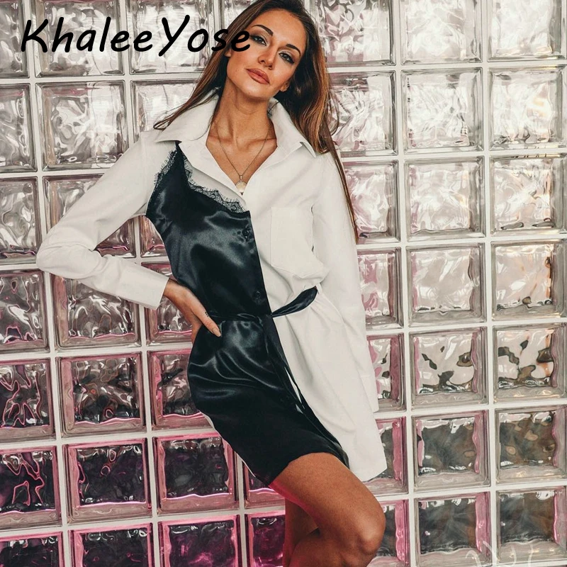 KHALEE YOSE белое черное платье-рубашка осень-весна с длинным рукавом женские