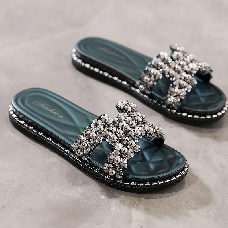 

2021 Slippers Women's Summer Fashion Outdoor Beaded Flat Non-Slip Slipper Beach Slippers Sandals plus size