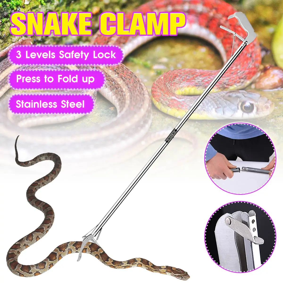 

1.2/1.5M Foldable Reptile Snake Tongs With lock Stick Litter Reachers Pickers Gripper Grabber Pest Control Tool Garden Products