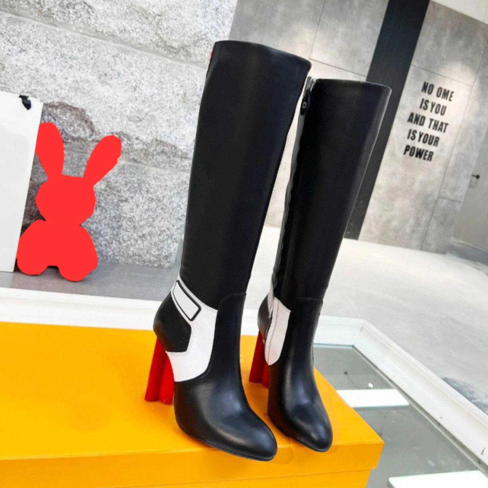 

Luxury 9.5cm Flower Shape High Heel Silhouette Soft Calfskin Sheepskin Inside Leather Sole Womens Zipper Knee Boot Fashion Shoes