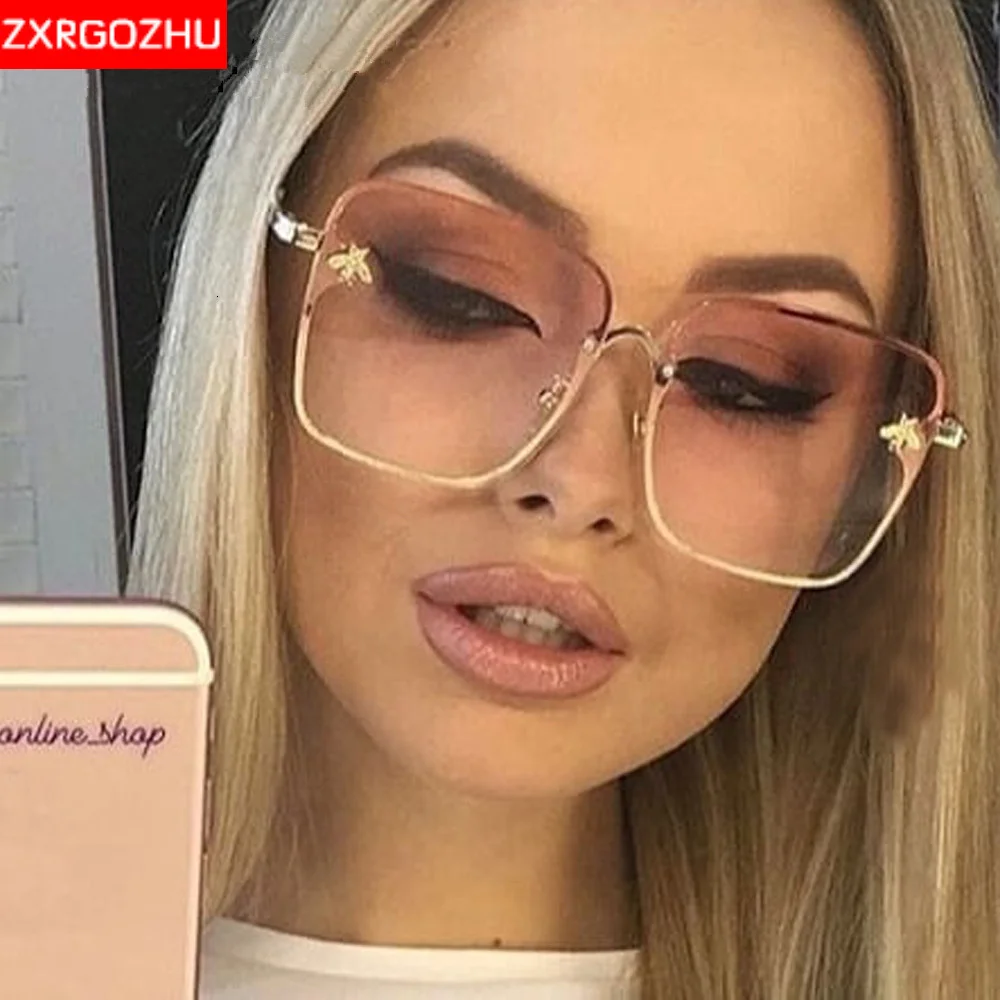 

Oversized Square Bee Sunglasses Women Luxury Brand Designer Rimless Outdoor Sun glasses UV400 Driving oculos de sol feminino