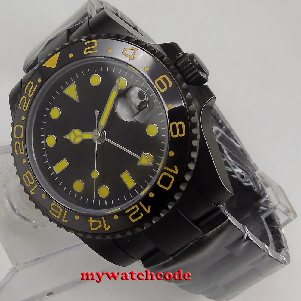 40 мм Bliger черный циферблат PVD GMT керамический сапфировый Кристалл Автоматические SS
