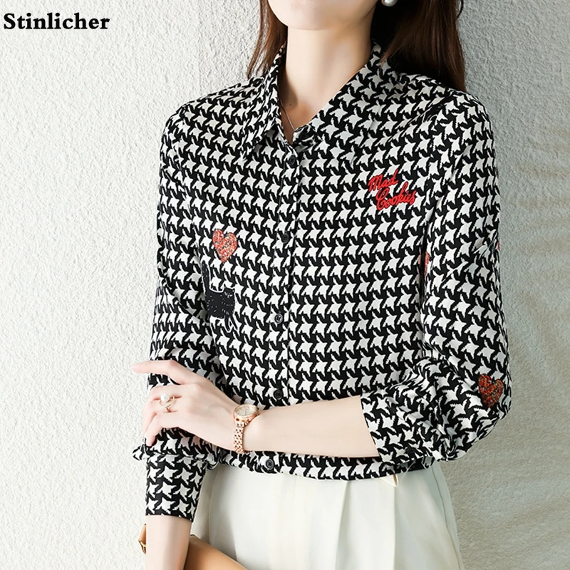 

Fashion houndstooth plaid letter embroidery silk shirt women's blouse casual long-sleeved satin shirt loose casual tops