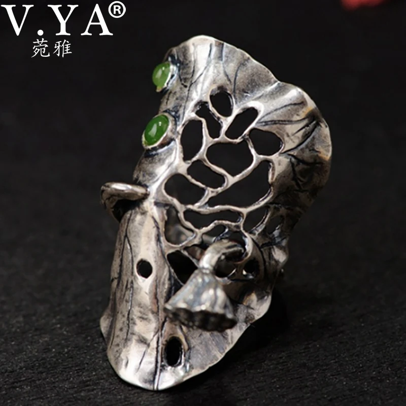 

V.YA 990 Sterling Silver Ring for Women Men Vintage Lotus Leaf with Green Natural Stone Party Rings Jewelry
