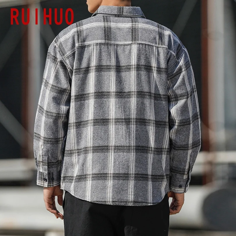 RUIHUO Повседневная рубашка в клетку Мужские приталенные мужские рубашки с длинным