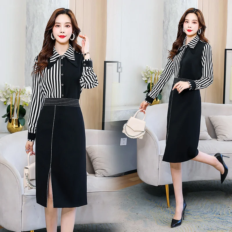 

2021 Spring New Simple Fashion Temperament Polo Collar Stripes Stitching Two-Piece Suit Skirt