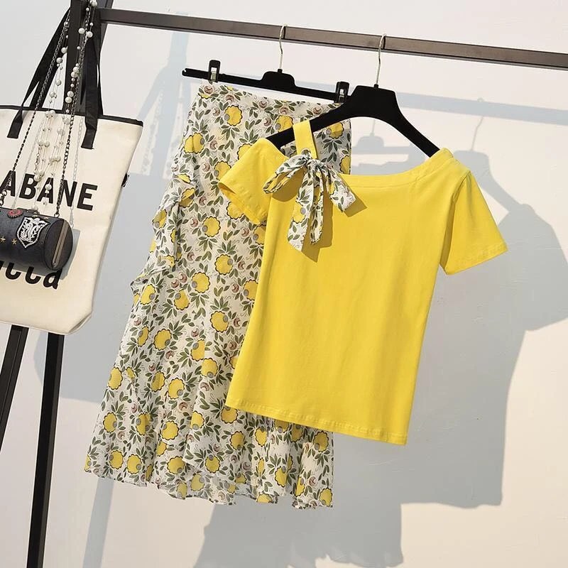 Женский комплект из двух предметов синяя футболка на одно плечо с бантом +