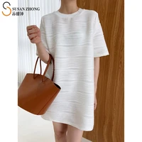 women summer dress short sleeve female one piece h line round neck short unique fabric texture romantic modern korean fashion