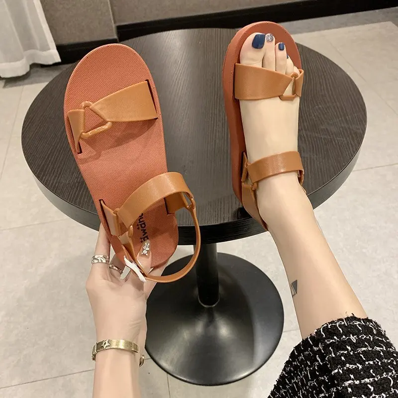 

Women Gladiator Sandals Casual Thick Bottom Leather Sandals Round Toe Comfort Platform Beach Sandal Female Ankle Buckle Slippers
