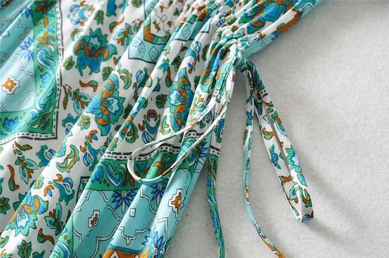 Boho шикарное женское платье с цветочным принтом, с расклешенными рукавами, богемное хлопковое платье макси из вискозы, женское винтажное платье с v-образным вырезом на шнуровке и оборками
