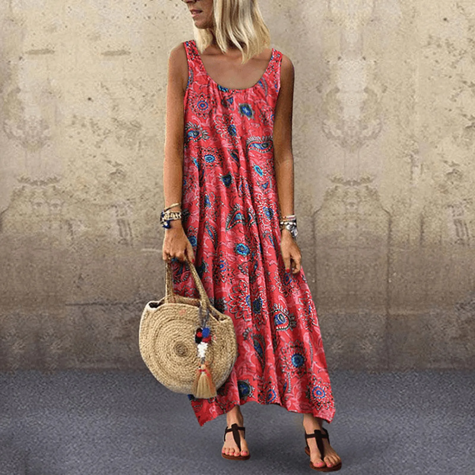 

Vintage Tank Dresses Women Summer Flora Printed Beach Long Dresses Round Neck Plus Size Pullover Casual Dresses Платье Осень &@Q