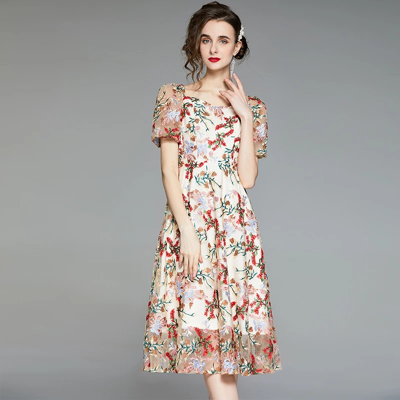 

New Arrival Runway French Vintage Puff Short Sleeves Dress Female Mesh Embroidery Elegant Stitching High Quality Dress Vestido