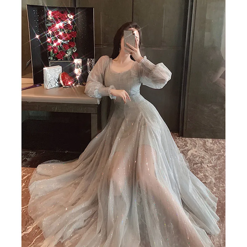 Женское длинное платье в уличном стиле с длинными рукавами-фонариками вечерние