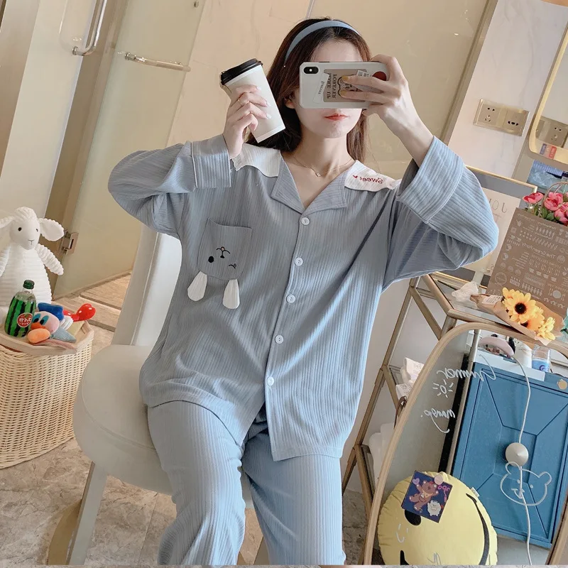 

Pink 2PCS Female Pajamas Suit Cute Cartoon Shirt&Pant Home Clothes With Pocket Nightwear Spring Autumn Cotton Sleepwear