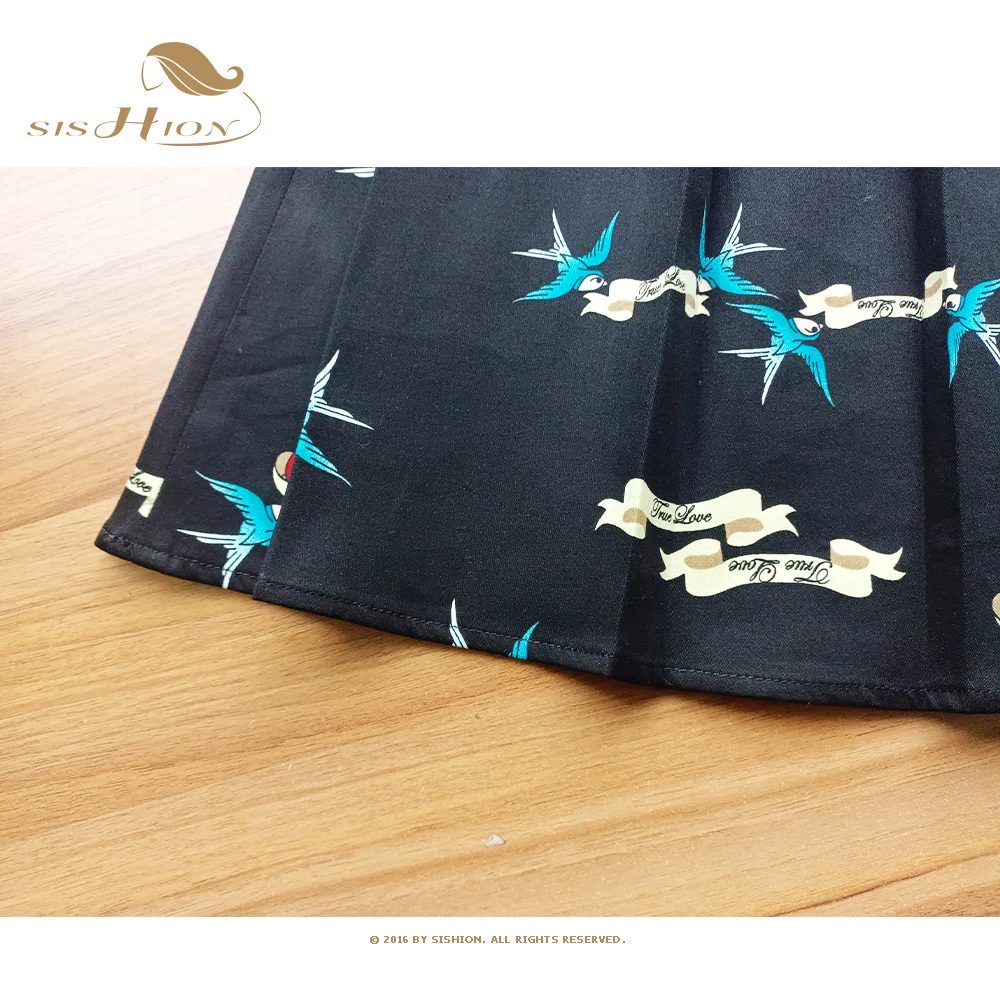 

SISHION Birds and Love Printed Women Cotton Black Skirt SS0012 Plus Size Summer Y2k High Waist 50s Vintage Pleated Skirt Jupe