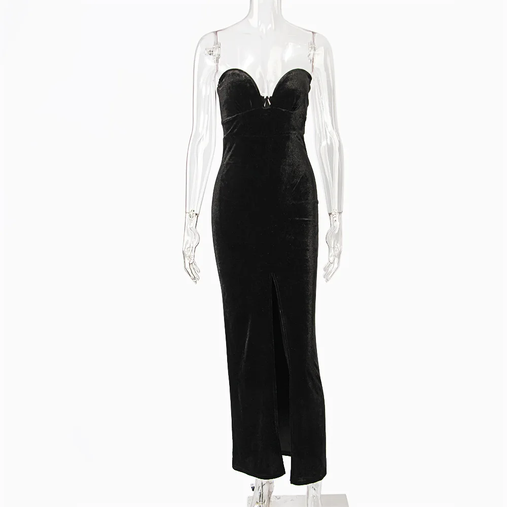 

Cryptographic Black Velvet Strapless Maxi Gown Sexy Backless Elegant Split Dress Party Night Club Winter Christmas Dresses 2021