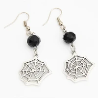 1pair vintage silver color spider web drop earring with black crystal beads pendant gothic jewelry witchy gift