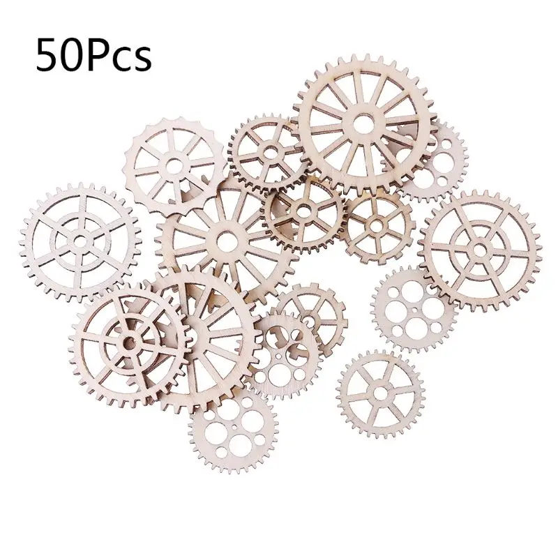 50pcs Cut Wood Gear Embellishment Wooden Shape Craft Wedding Decor 63HF