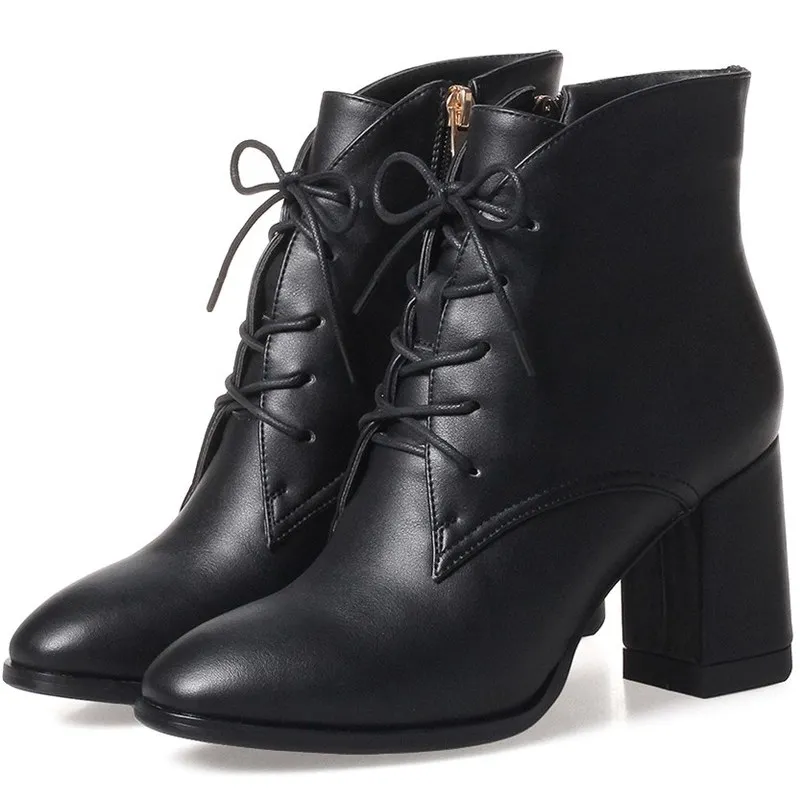 

New Women Autumn Winter 7.5cm Square Heel Ankle PU Short Boots Zipper Ladies Casual Fashion Cross-tied short boots Size 33-43