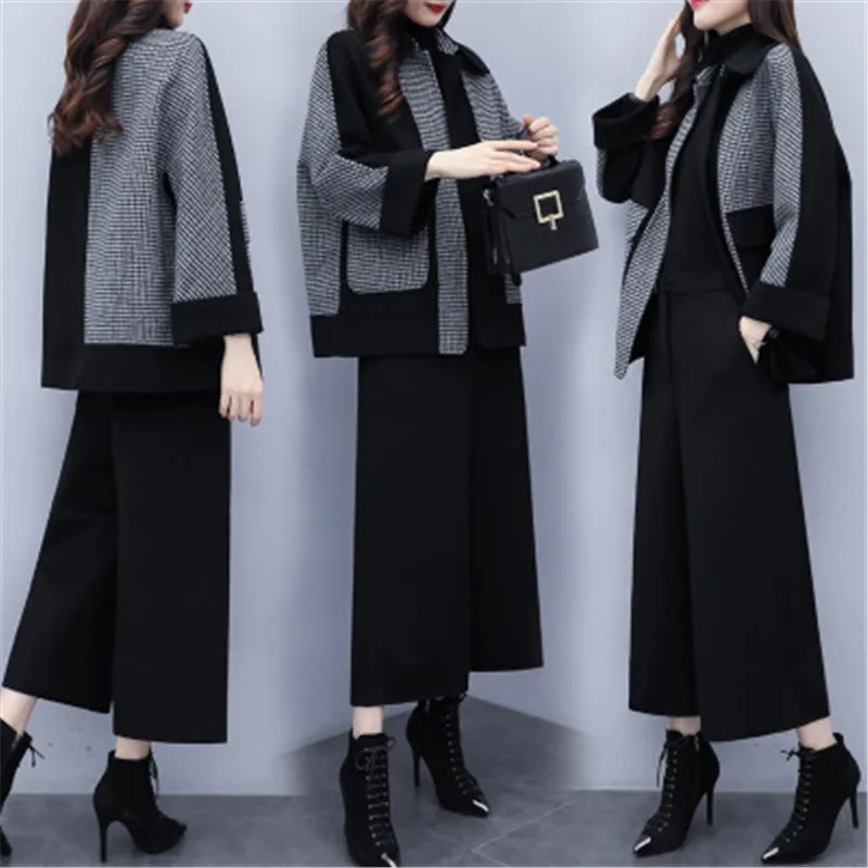 

2020 new women's autumn/winter cloth two chaps stitching lattice coat wide-legged pants suit female leisure fashion