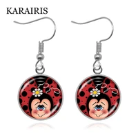 karairis 18mm round glass cartoon ladybug face earrings cute art ladybug drop earrings girls fashion jewelry 2020